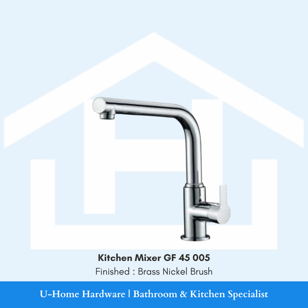 Side profile view of a mid-height kitchen faucet in a brushed nickel finish, highlighting the 260mm spout height and the generous 245mm horizontal reach