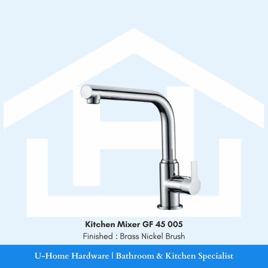 Side profile view of a mid-height kitchen faucet in a brushed nickel finish, highlighting the 260mm spout height and the generous 245mm horizontal reach