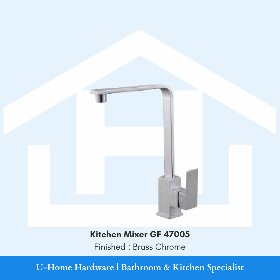 A professional product shot of the 335mm tall GF 47005 kitchen mixer featuring a brilliant, mirror-finish Brass Chrome plating and an ultra-high arc spout