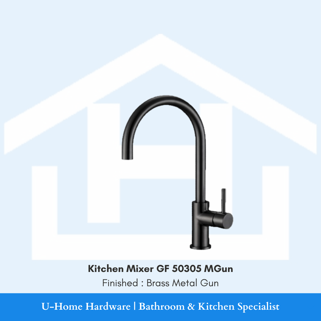 Close-up of the curved gunmetal spout tip on the GF 50305 MGun faucet, showing the integrated aerator and the smooth, brushed metallic surface