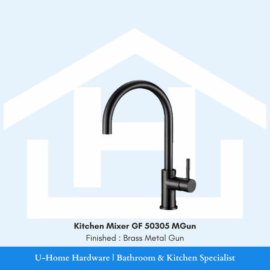 Close-up of the curved gunmetal spout tip on the GF 50305 MGun faucet, showing the integrated aerator and the smooth, brushed metallic surface