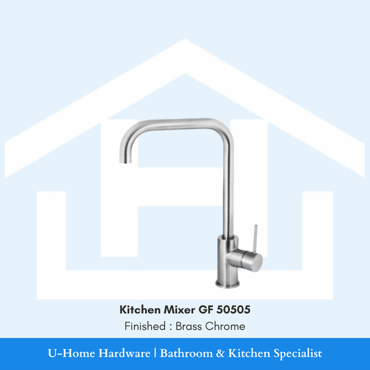 A professional product shot of the 350mm tall GF 50505 kitchen mixer featuring a brilliant, mirror-finish Brass Chrome plating and an elegant goose-neck silhouette