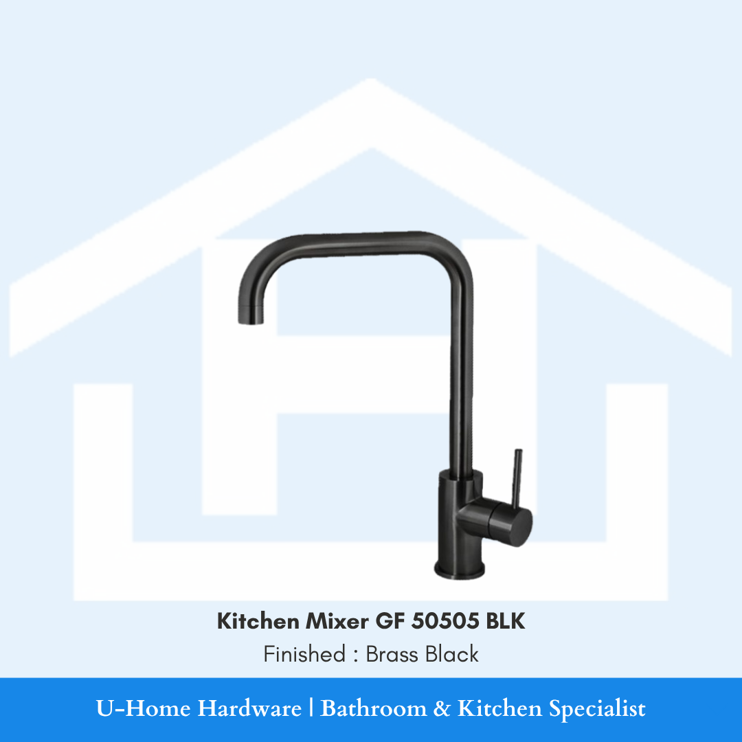 A professional product shot of the 350mm tall GF 50505 BLK kitchen mixer featuring a sophisticated, non-reflective Brass Black finish and an elegant goose-neck silhouette.