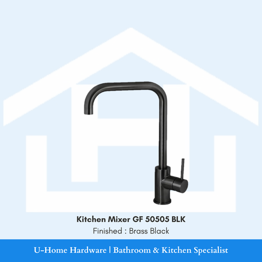 A professional product shot of the 350mm tall GF 50505 BLK kitchen mixer featuring a sophisticated, non-reflective Brass Black finish and an elegant goose-neck silhouette.