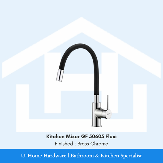A professional product shot of the 350mm tall GF 50605 Flexi kitchen mixer featuring a brilliant, mirror-finish Brass Chrome plating and a flexible black neck.