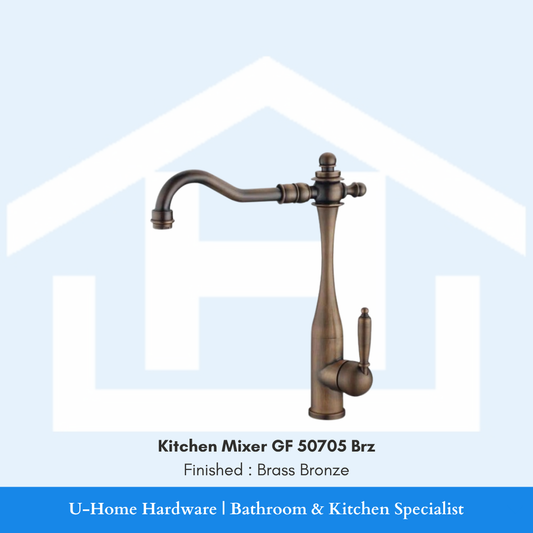A professional product shot of the 355mm tall GF 50705 Brz kitchen mixer featuring a sophisticated, non-reflective Brass Bronze finish and an elegant goose-neck silhouette.