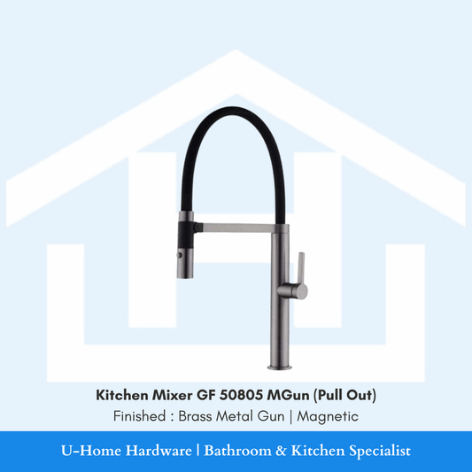 Frontal view of the GF 50805 MGun kitchen mixer showcasing its unique architectural design, featuring a tall gunmetal vertical body and a high-arching flexible black hose