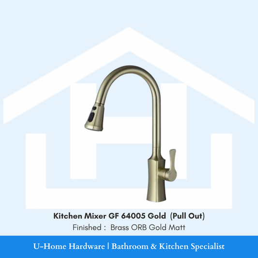A professional product shot of the 450mm tall GF 64005 Gold kitchen mixer featuring a sophisticated Brass ORB Gold Matt finish and a dramatic high-arc neck