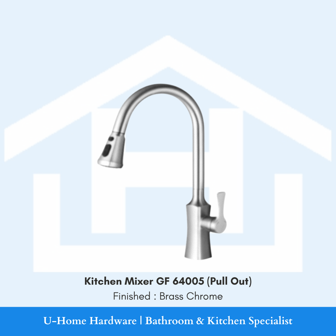 Close-up of the single-lever handle and the reinforced circular base of the GF 64005 mixer, illustrating the clean, modern hardware construction