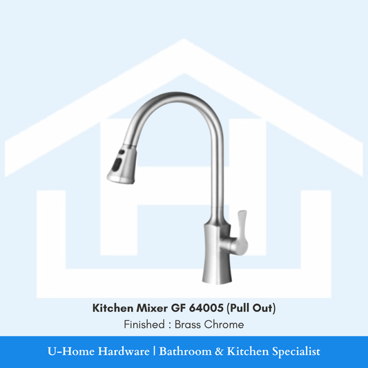Close-up of the single-lever handle and the reinforced circular base of the GF 64005 mixer, illustrating the clean, modern hardware construction