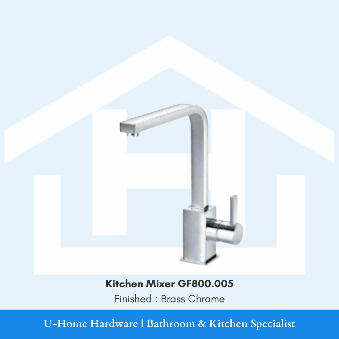 A professional product shot of the 300mm tall GF800.005 kitchen mixer featuring a brilliant, mirror-finish Brass Chrome plating and an elegant high-spout arc