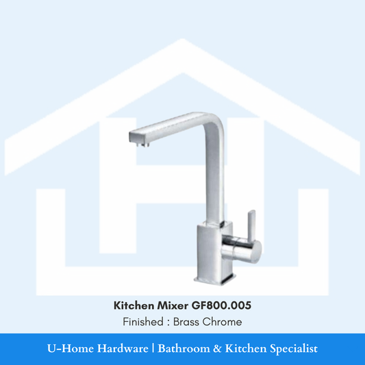A professional product shot of the 300mm tall GF800.005 kitchen mixer featuring a brilliant, mirror-finish Brass Chrome plating and an elegant high-spout arc