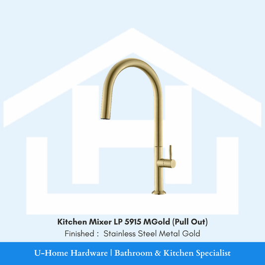 A professional product shot of a 430mm tall high-arc kitchen mixer featuring a sophisticated, brushed Metal Gold finish and a minimalist cylindrical body