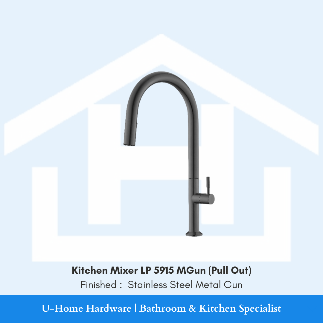 A professional product shot of a 430mm tall high-arc kitchen mixer featuring a deep, brushed Metal Gun finish and a minimalist cylindrical body