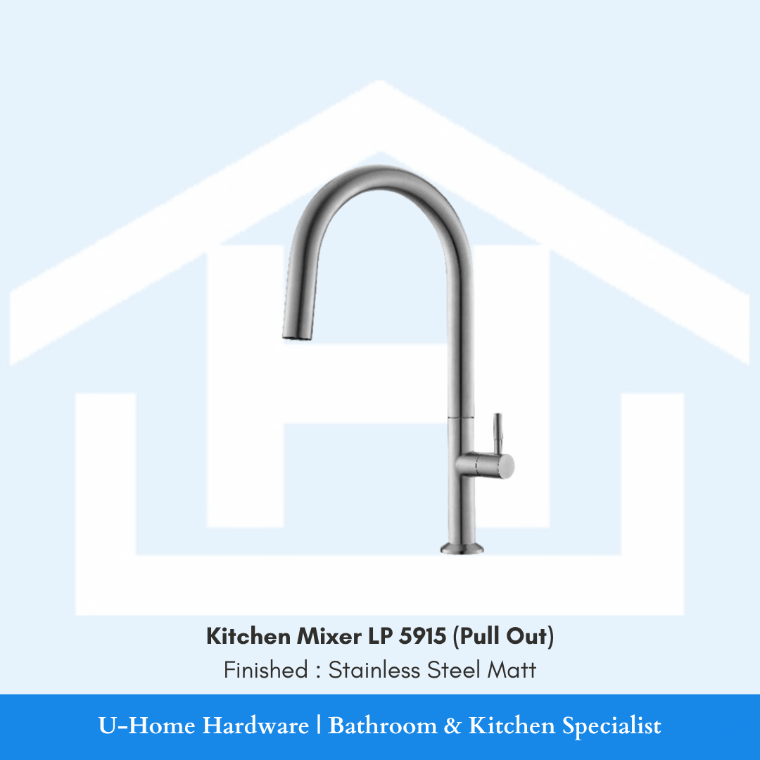 A professional product shot of the 430mm tall LP 5915 kitchen sink mixer, featuring a robust vertical body and a modern Stainless Steel Matt finish