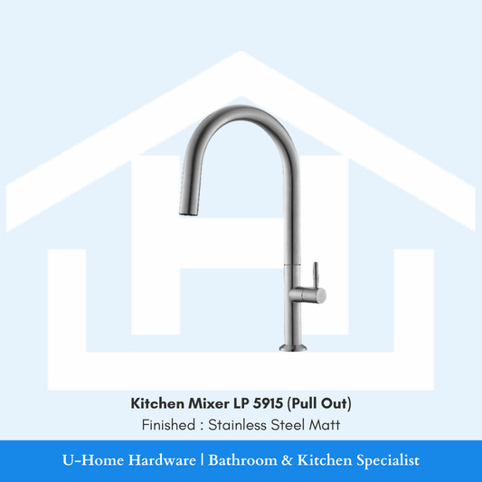 A professional product shot of the 430mm tall LP 5915 kitchen sink mixer, featuring a robust vertical body and a modern Stainless Steel Matt finish