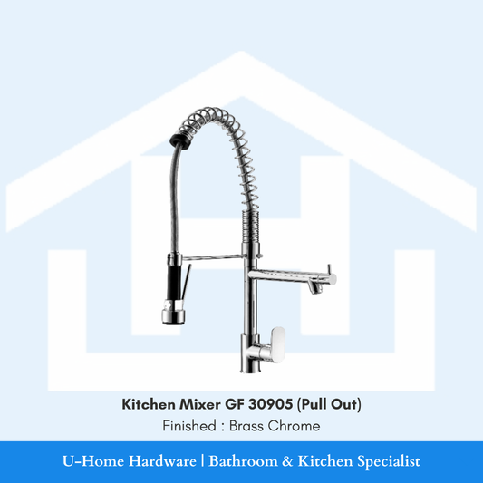 Close-up of the flexible high-tension spring neck and pull-out spray head on the GF 30905 faucet, showcasing the modern hardware and reflective chrome finish