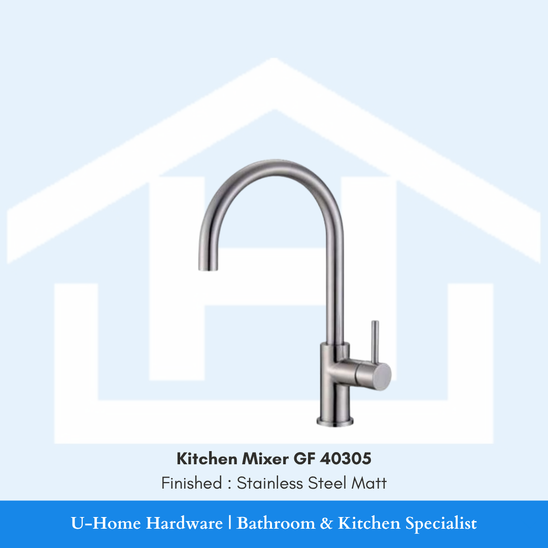 A professional product shot of the 380mm tall GF 40305 kitchen mixer featuring a premium Stainless Steel Matt finish and a high-arc goose-neck design.