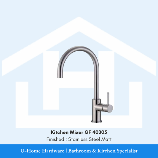 A professional product shot of the 380mm tall GF 40305 kitchen mixer featuring a premium Stainless Steel Matt finish and a high-arc goose-neck design.