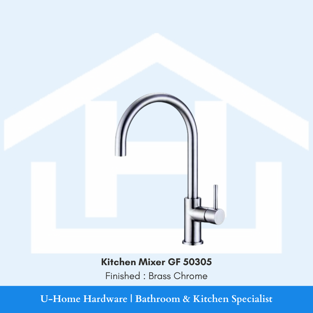 A professional product shot of the 380mm tall GF 50305 kitchen mixer featuring a brilliant, mirror-finish Brass Chrome plating and an elegant goose-neck silhouette