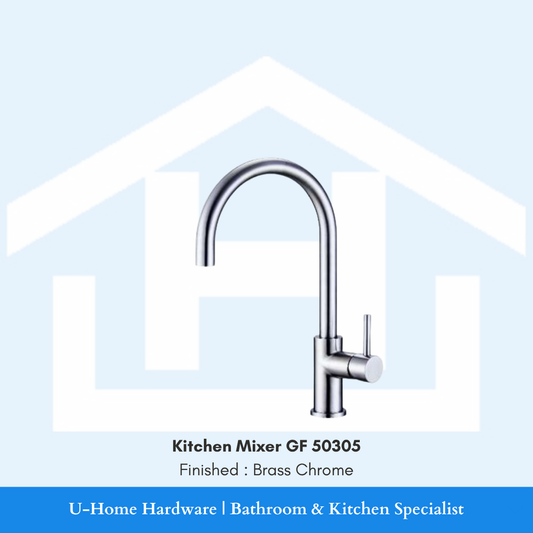 A professional product shot of the 380mm tall GF 50305 kitchen mixer featuring a brilliant, mirror-finish Brass Chrome plating and an elegant goose-neck silhouette