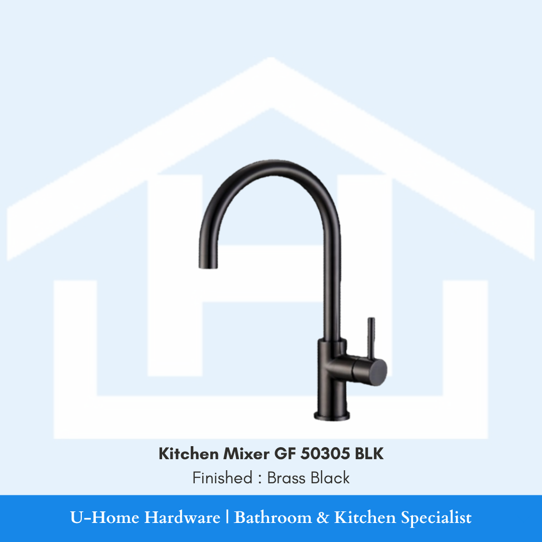 A professional product shot of the 380mm tall GF 50305 BLK kitchen mixer featuring a sophisticated, non-reflective Brass Black finish and an elegant goose-neck silhouette.