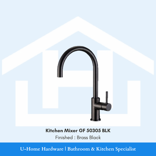 A professional product shot of the 380mm tall GF 50305 BLK kitchen mixer featuring a sophisticated, non-reflective Brass Black finish and an elegant goose-neck silhouette.