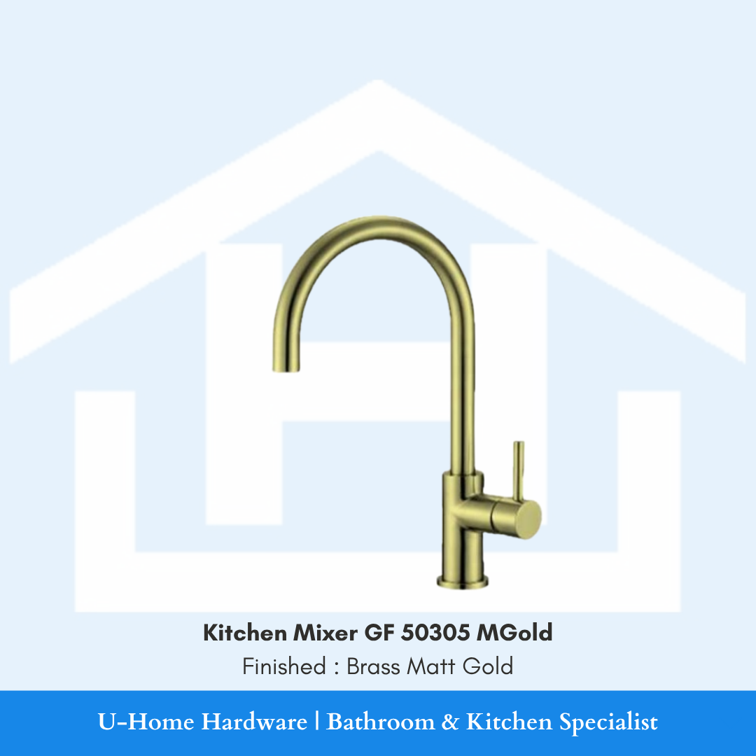 Side profile view of a high-arc GF 50305MGold kitchen faucet in a matte gold finish, highlighting the 265mm spout height and the ergonomic 210mm reach