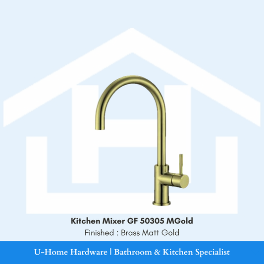 Side profile view of a high-arc GF 50305MGold kitchen faucet in a matte gold finish, highlighting the 265mm spout height and the ergonomic 210mm reach