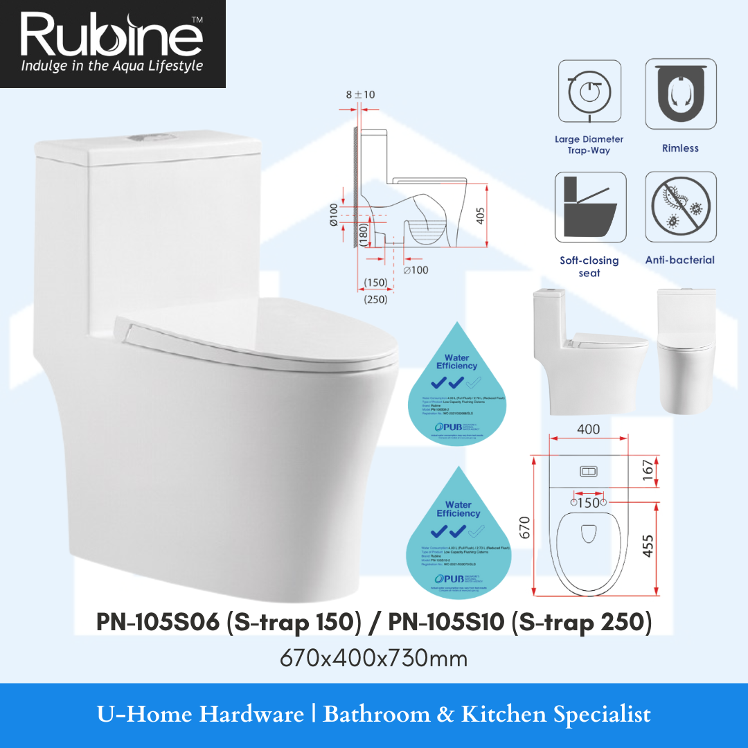 RUBINE PN-105S06 | PN-105S10 Rimless One Piece Toilet Bowl (Available in S Trap 6"/10")