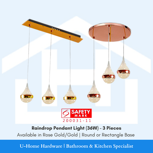 Raindrop Pendant Light (36Watts) Available in Rose Gold/ Gold Colour | Round or Rectangle Base