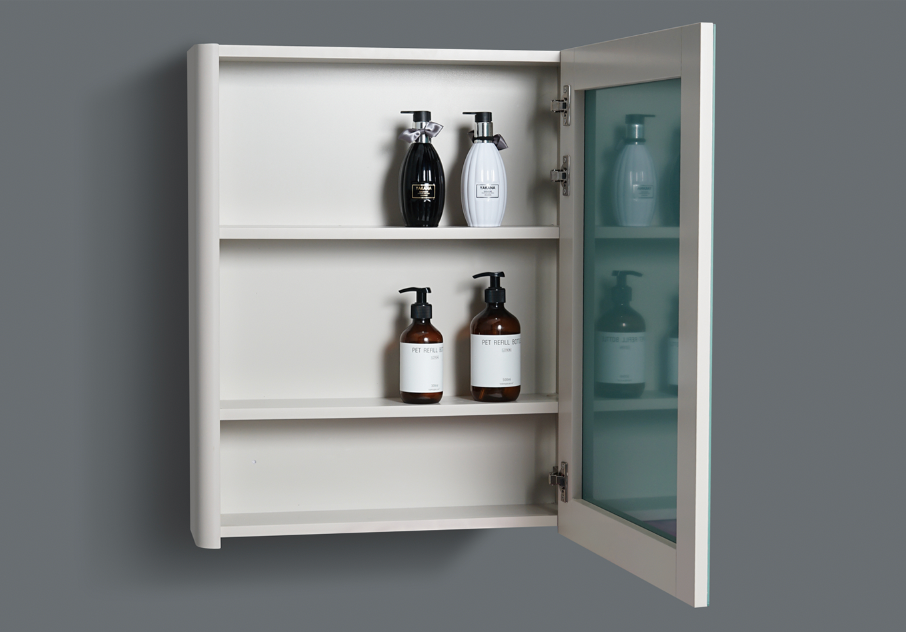 AALTO mirror cabinet overall design, with three tiers and opened mirror cabinet door, showing internal spacious compartments.