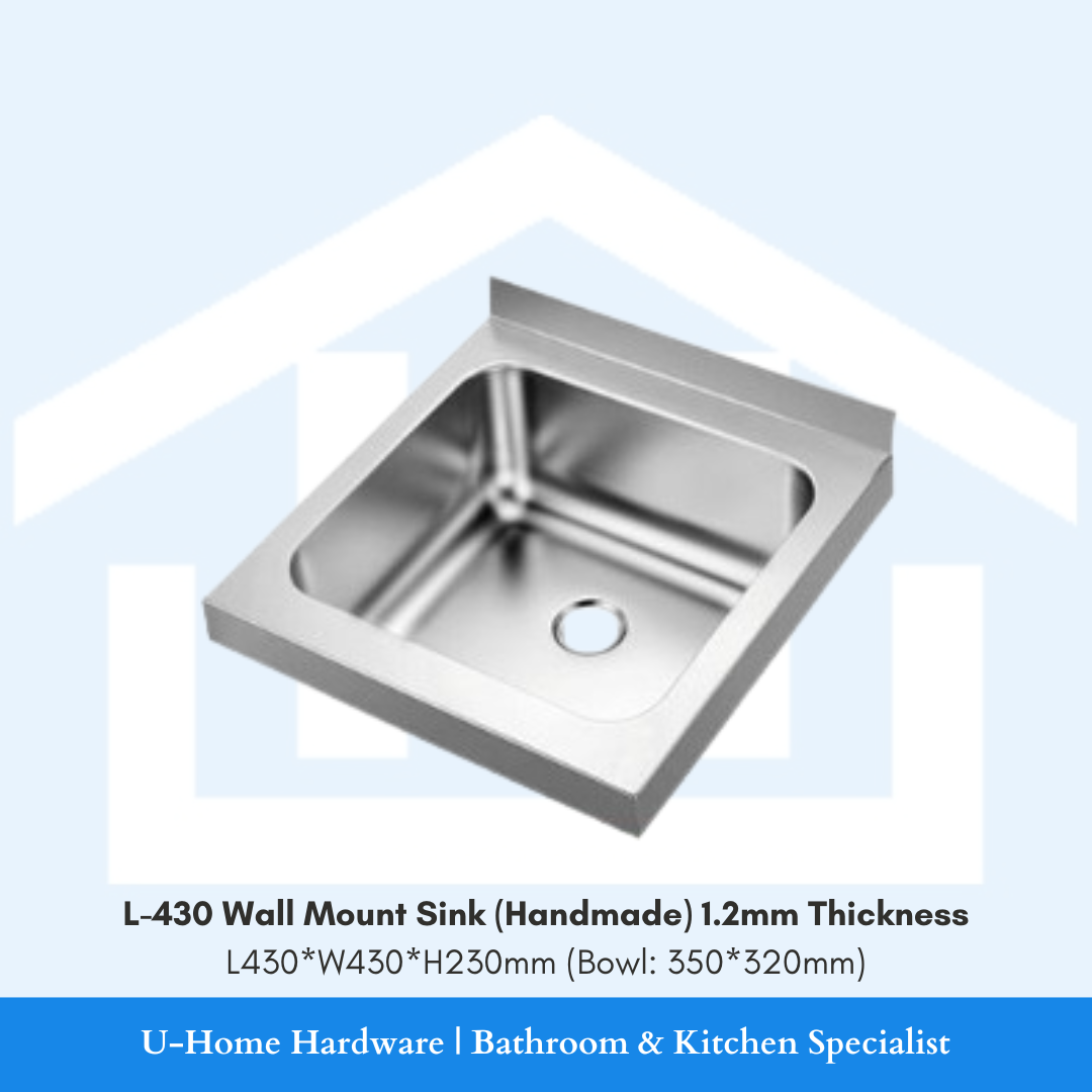 Stainless steel wall-mount kitchen sink with a pre-drilled centre mixer hole, dimensions provided in the image.