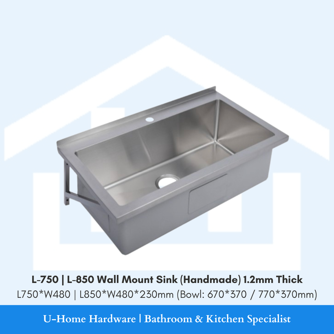 Stainless steel wall mount sink with dimensions on a light blue background