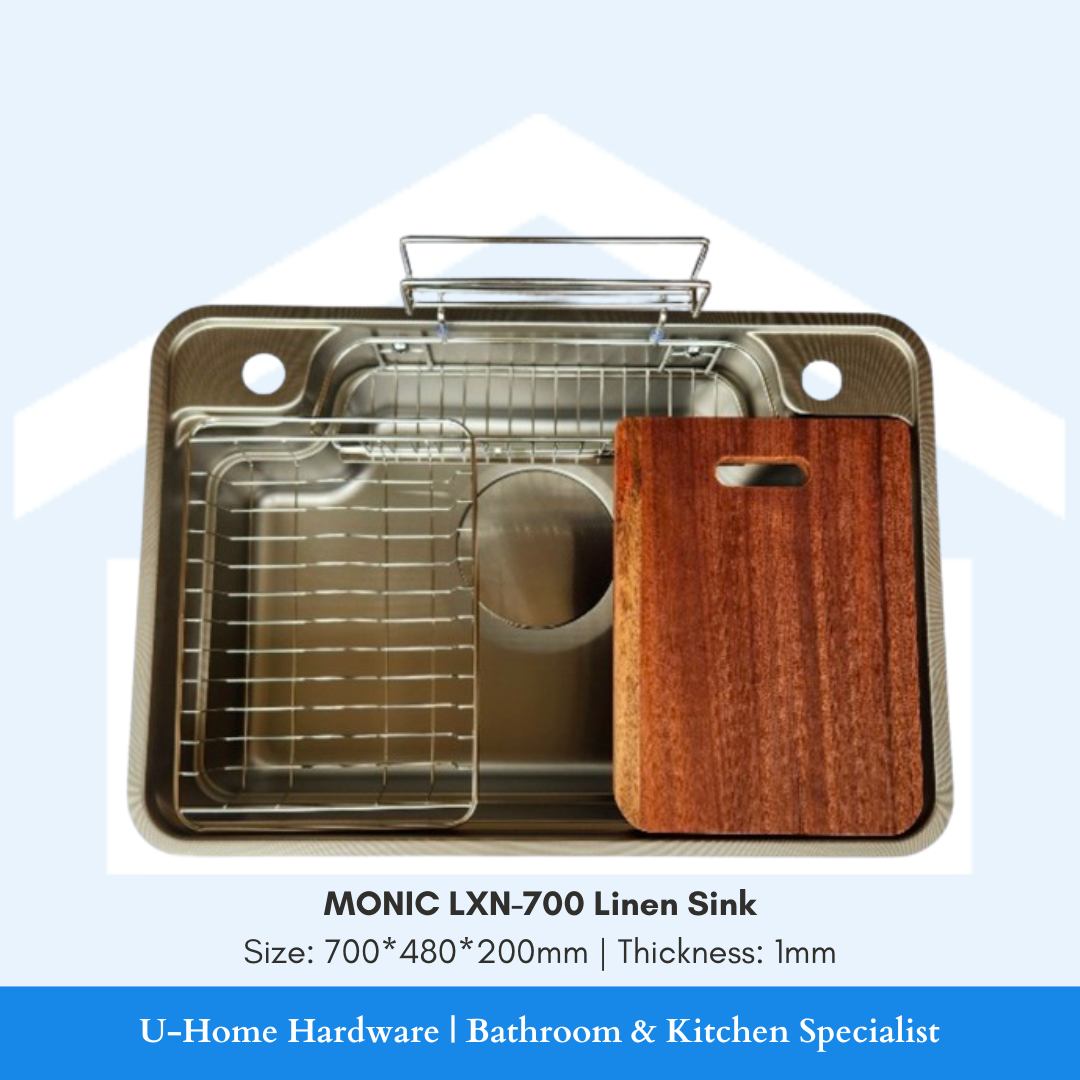 Stainless steel undermount single bowl kitchen sink with a linen design, dimensions indicated as 700mm x 480mm x 20mm