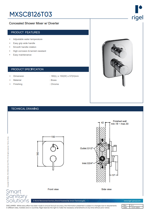 MXSC8126T03
Concealed Shower Mixer w/ Diverter product information, product specifications, and technical drawings.