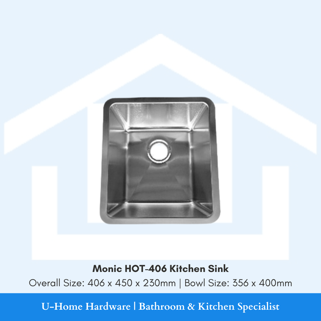 Top-down view of the Monic HOT-406 stainless steel kitchen sink, showcasing the square deep-bowl design and high-quality satin brushed finish.