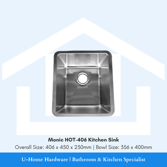 Top-down view of the Monic HOT-406 stainless steel kitchen sink, showcasing the square deep-bowl design and high-quality satin brushed finish.