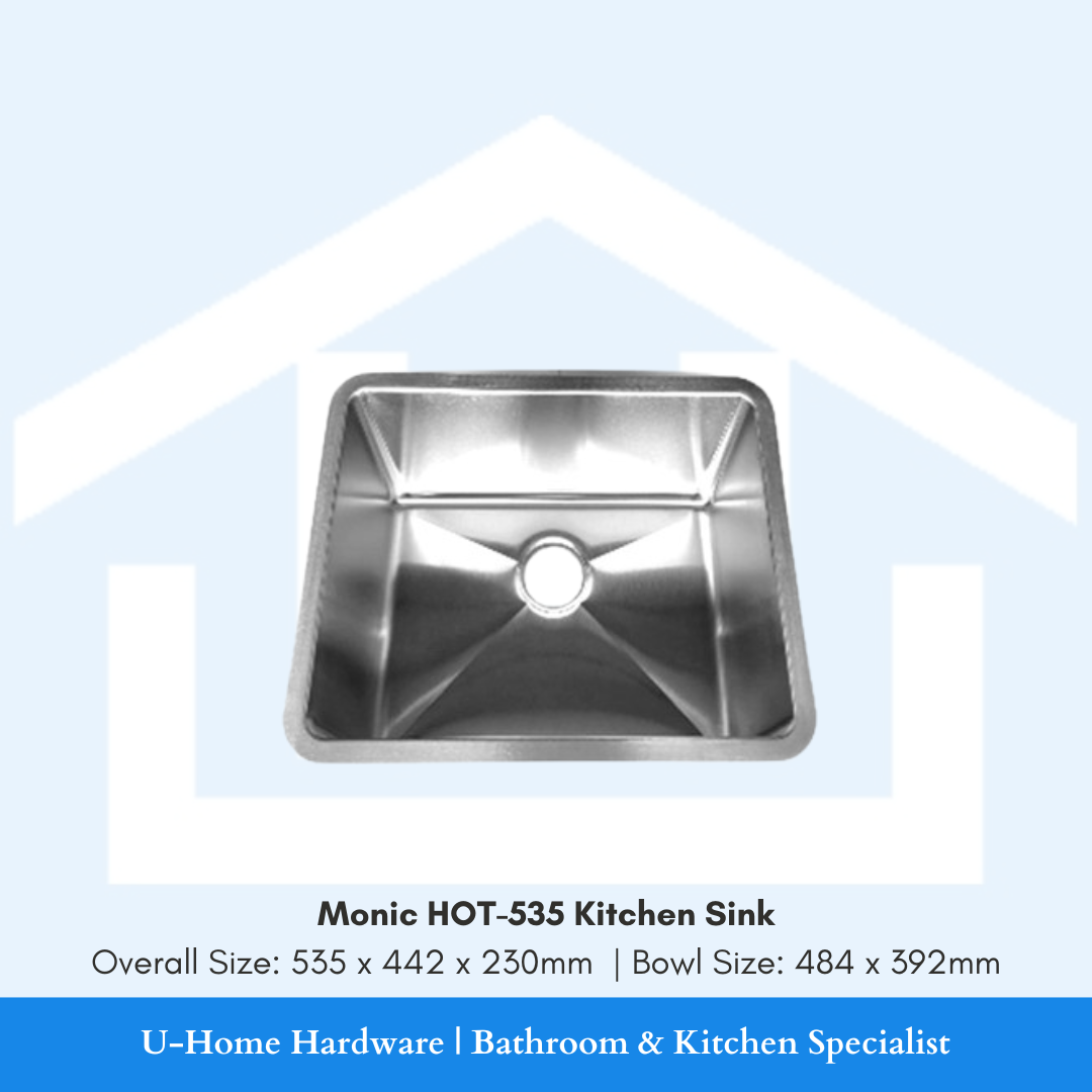 Internal view of the Monic HOT-535 kitchen sink bowl, demonstrating the drainage grooves and the generous depth suited for heavy-duty Singaporean cooking.