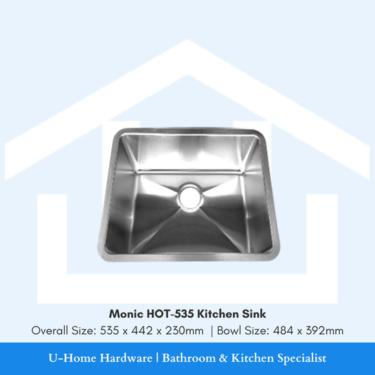 Internal view of the Monic HOT-535 kitchen sink bowl, demonstrating the drainage grooves and the generous depth suited for heavy-duty Singaporean cooking.