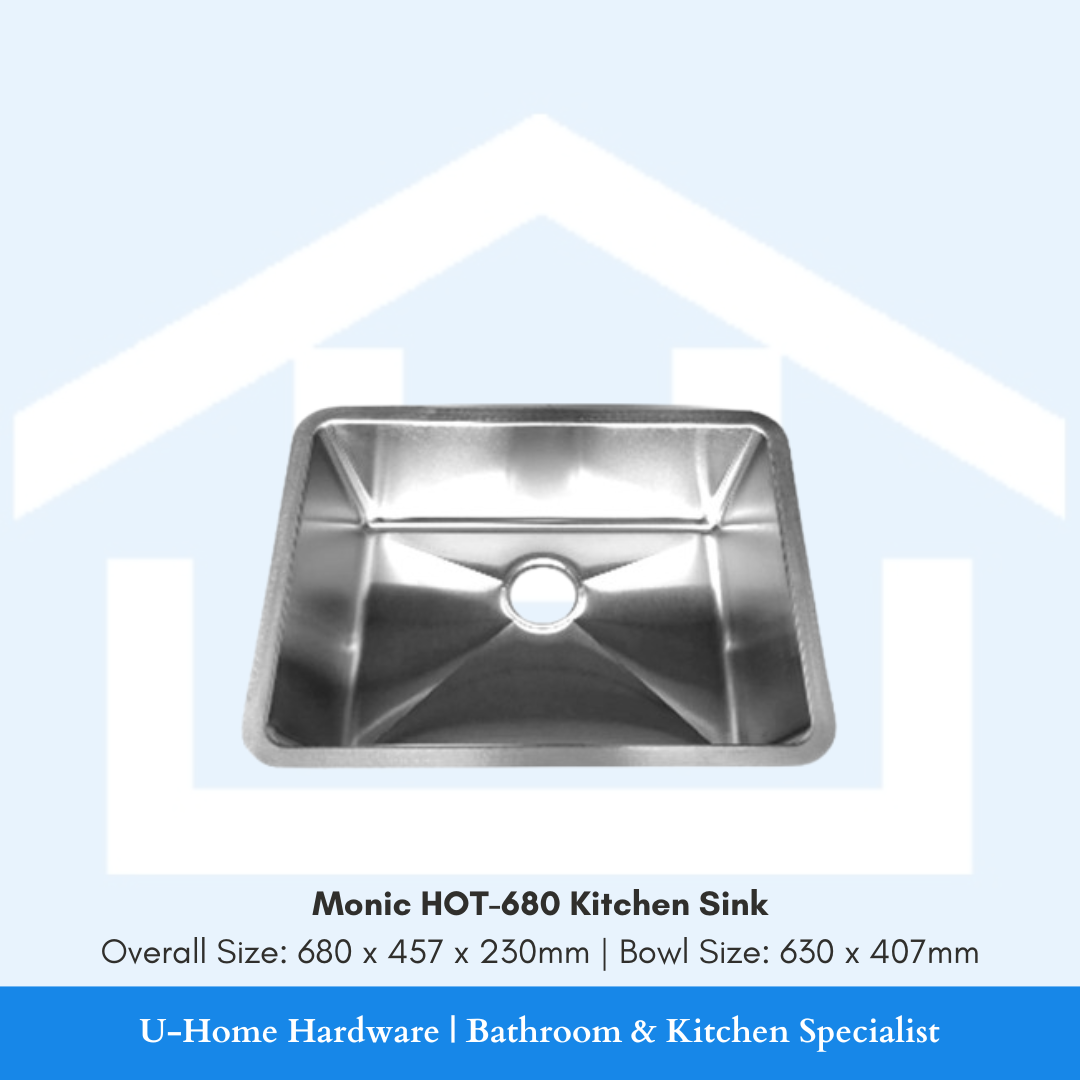 Top-down view of the Monic HOT-680 large single bowl kitchen sink, showcasing the expansive 630mm internal width and high-quality satin-finish stainless steel.