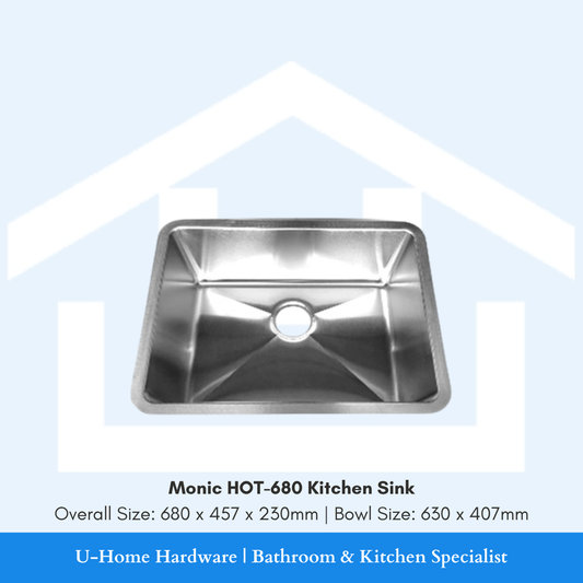 Top-down view of the Monic HOT-680 large single bowl kitchen sink, showcasing the expansive 630mm internal width and high-quality satin-finish stainless steel.