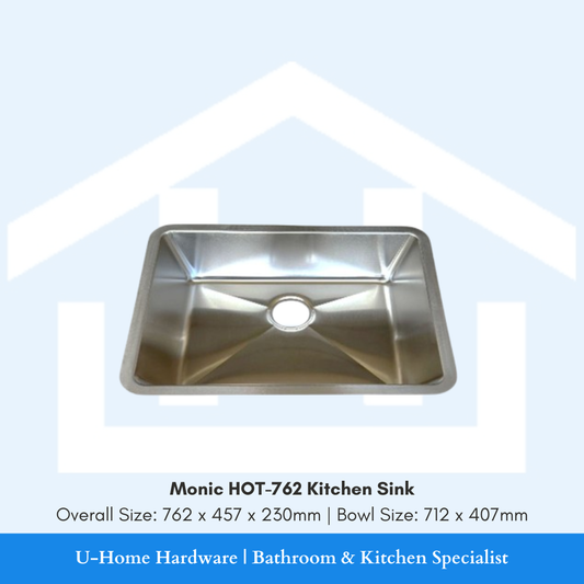 Top-down view of the Monic HOT-762 mega single bowl kitchen sink, showcasing the expansive 712mm internal width and premium stainless steel.