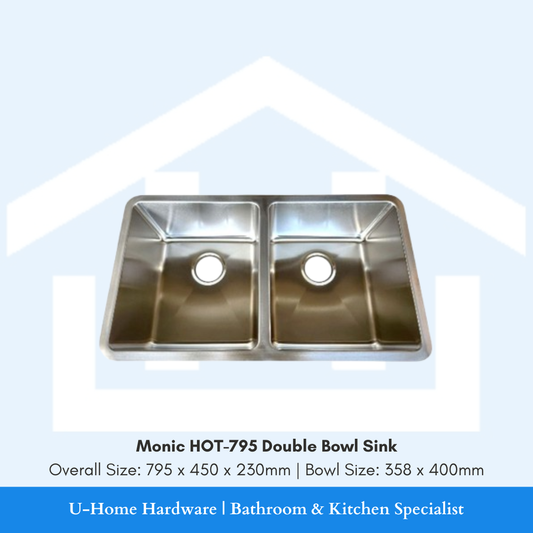 Front perspective of the Monic HOT-795 kitchen sink, highlighting the shared central divider and the modern radius corners for quick, easy cleaning.