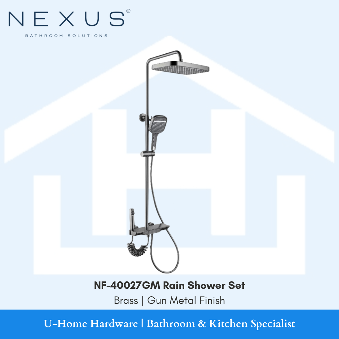 Sleek modern rain shower head and handheld shower set. Large circular overhead shower mounted on ceiling.  Brushed stainless steel finish. Adjustable spray patterns for luxurious rainfall experience. zaffiro bathroom products. NEXUS NF-40027 RAINSHOWER SET. gun metal rainshower set singapore. NEXUS NF-40027GM Rain Shower Set: Stylish gun metal finish, square rainfall showerhead, and handheld spray. Modern lux luxury for Singapore bathrooms. Perfect for HDB and condos. Available at U-Home Hardware