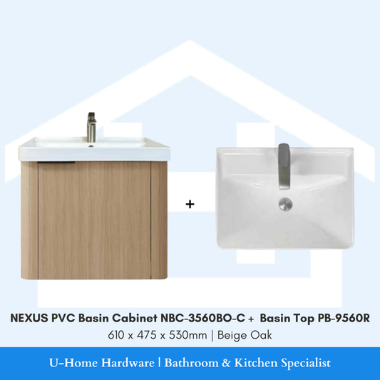 Front view of the NEXUS NBC-3560BO-C wall-hung PVC cabinet in Beige Oak with the PB-9560R integrated basin top.