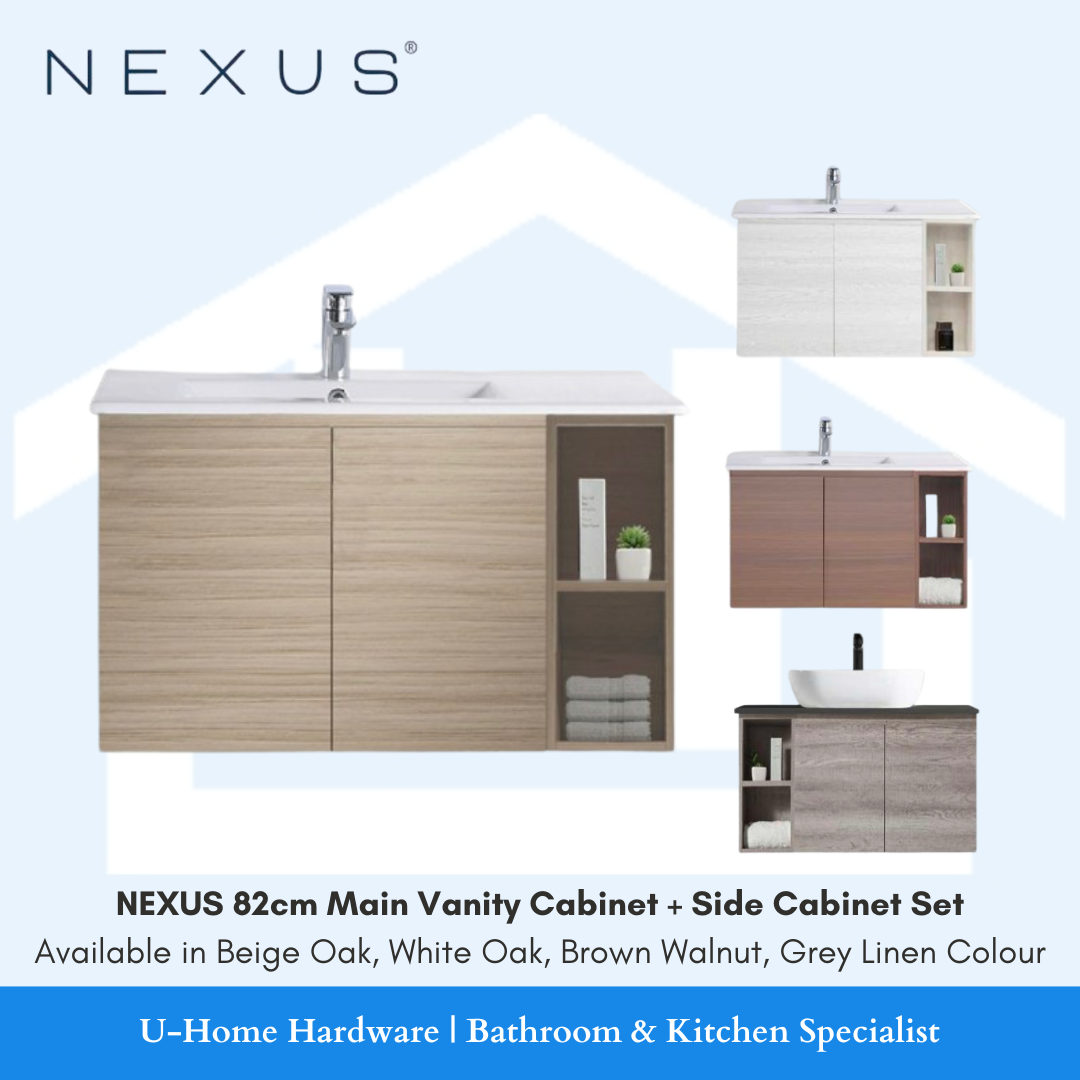 NEXUS 82CM main vanity cabinet with side cabinet set in various color options, predominantly white with brown walnut accents and a grey linen color.