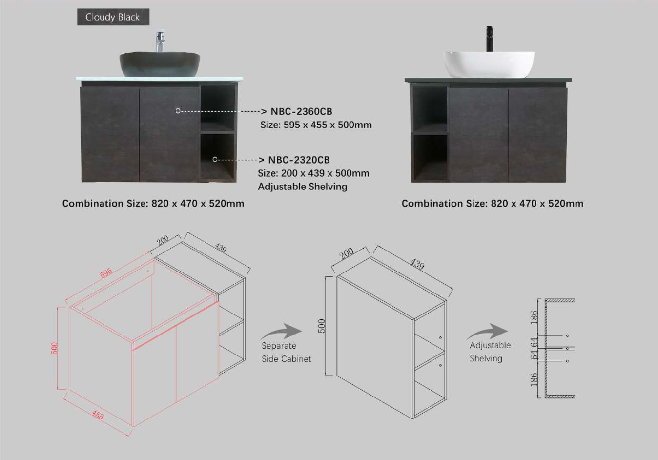 NEXUS 82CM PVC Material Basin Cabinet cloudy black dimensions