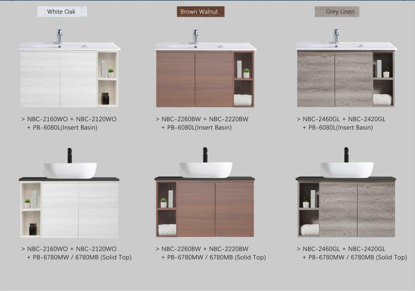NEXUS 82CM PVC Material Basin Cabinet, white oat, brown walnut, gray linen complete with insert basin or solid top