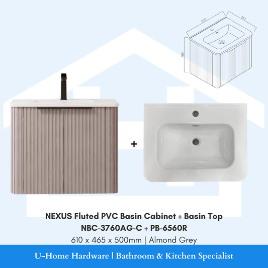 NEXUS NBC 3760AG C fluted PVC bathroom cabinet in Almond Grey with a PB 6560R integrated basin top.